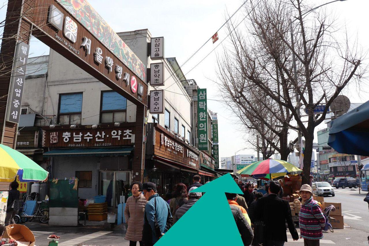 Lối đi ở chợ nhân sâm, nơi bán các loại thảo dược và nhân sâm khác nhau.